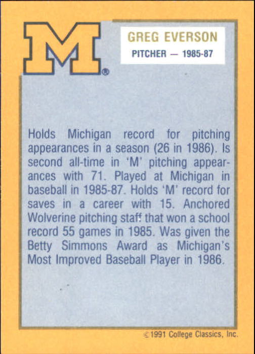 1991 Michigan #20 Greg Everson B back image