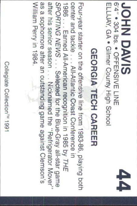 1991 Georgia Tech Collegiate Collection #44 John Davis FB back image