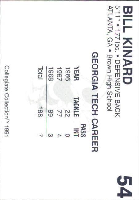 1991 Georgia Tech Collegiate Collection #54 Bill Kinard FB back image