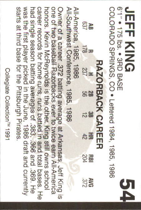 1991 Arkansas Collegiate Collection #54 Jeff King BB back image