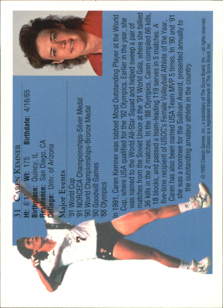 1992 Classic World Class Athletes #31 Caren Kemner/Volleyball back image