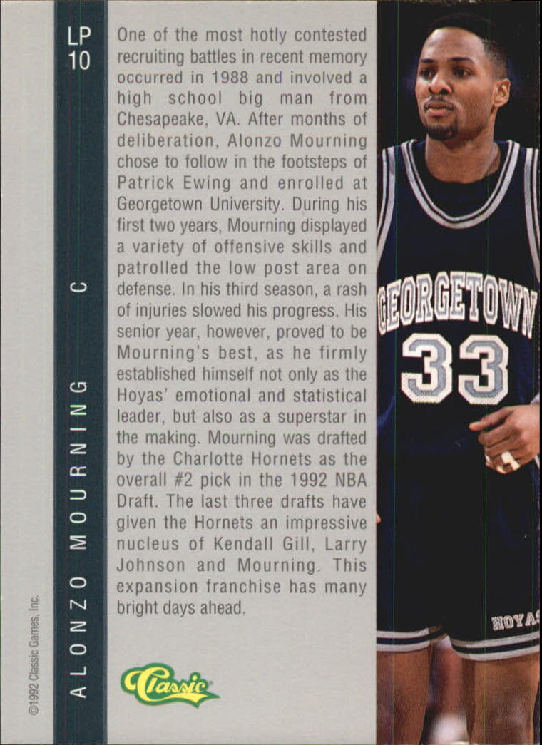 1992 Classic Four Sport LPs #LP10 Alonzo Mourning back image