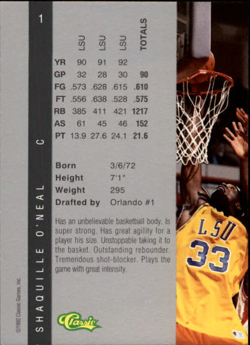1992 Classic Four Sport #1 Shaquille O'Neal back image