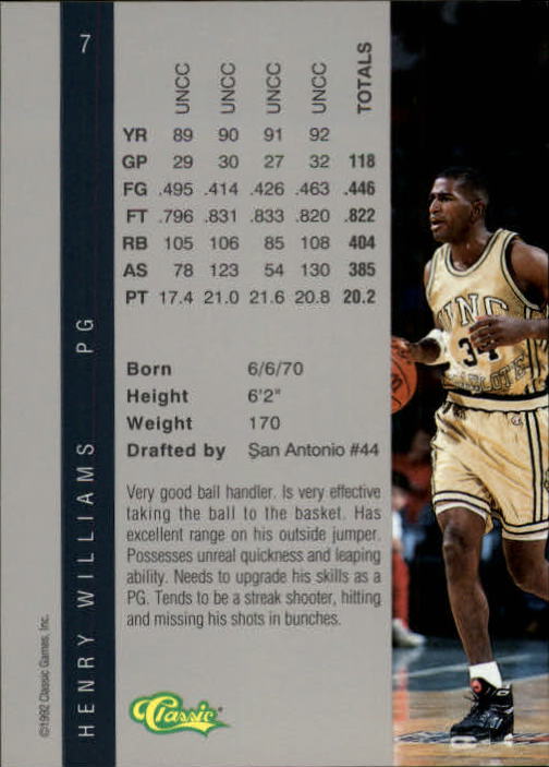 1992 Classic Four Sport #7 Henry Williams back image