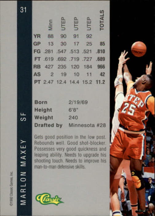 1992 Classic Four Sport #31 Marlon Maxey back image