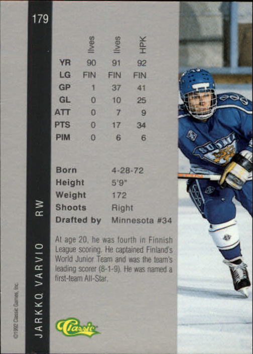 1992 Classic Four Sport #179 Jarkko Varvio back image