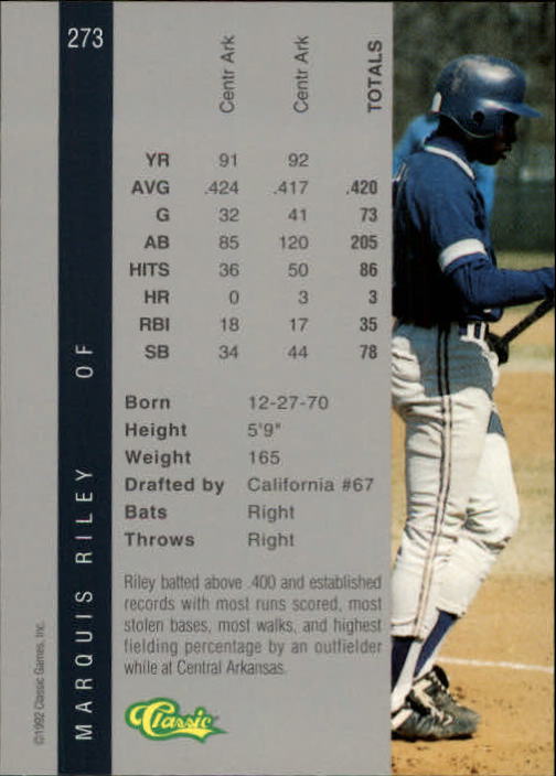 1992 Classic Four Sport #273 Marquis Riley back image