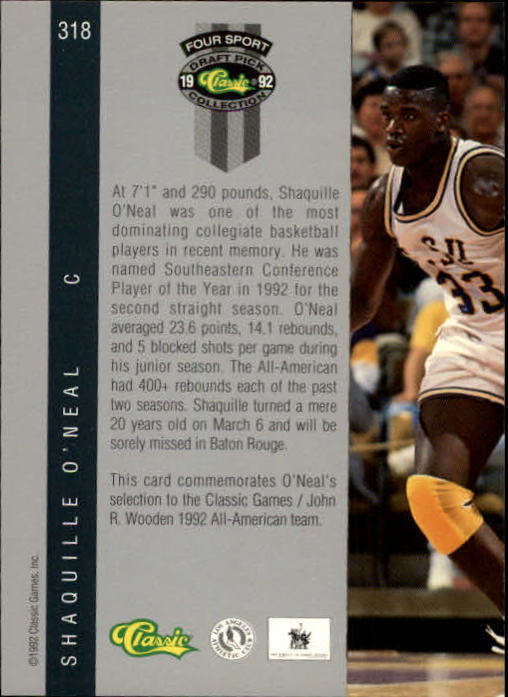 1992 Classic Four Sport #318A Shaquille O'Neal JWA back image