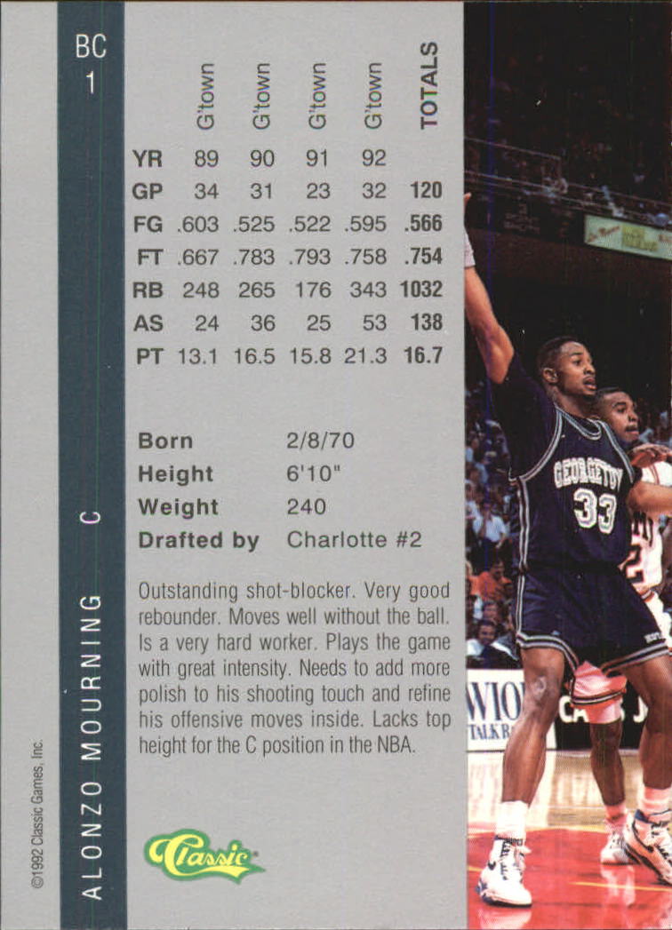 1992 Classic Four Sport BCs #BC1 Alonzo Mourning back image