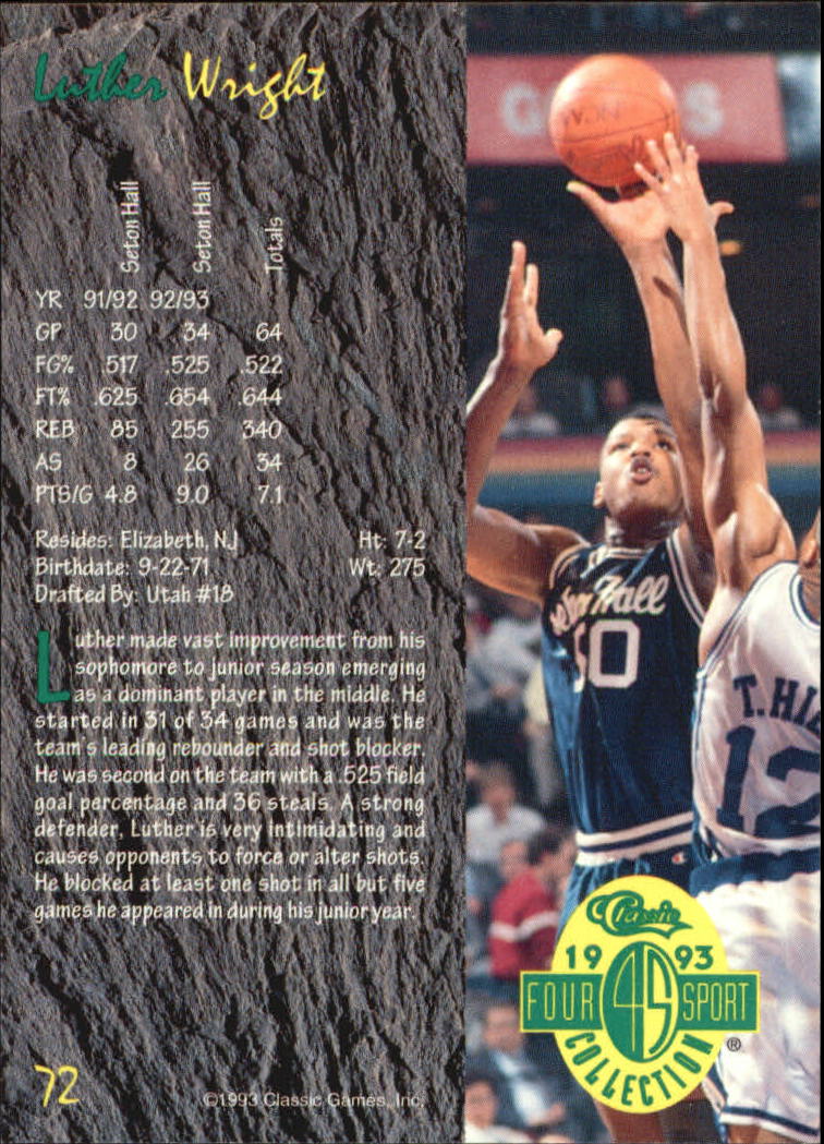 1993 Classic Four Sport #72 Luther Wright back image