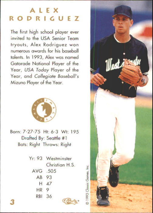 1993-94 Images Four Sport #3 Alex Rodriguez back image