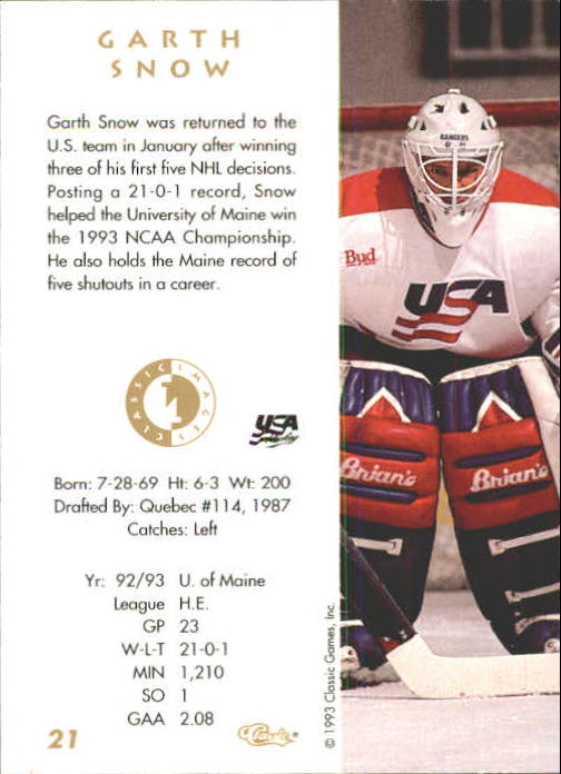 1993-94 Images Four Sport #21 Garth Snow back image