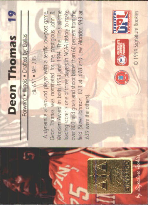 1994 Signature Rookies Gold Standard #19 Deon Thomas back image