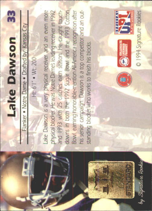 1994 Signature Rookies Gold Standard #33 Lake Dawson back image