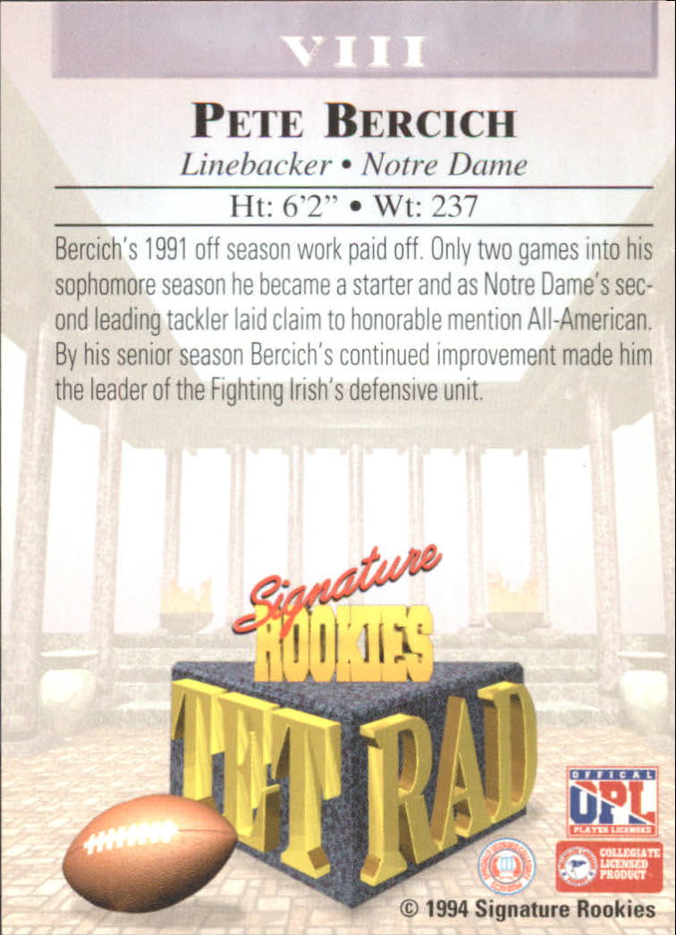 1994 Signature Rookies Tetrad Autographs #8 Pete Bercich back image