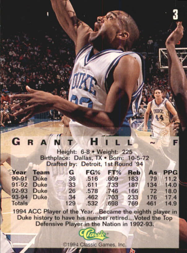 1994 Classic Four Sport #3 Grant Hill back image