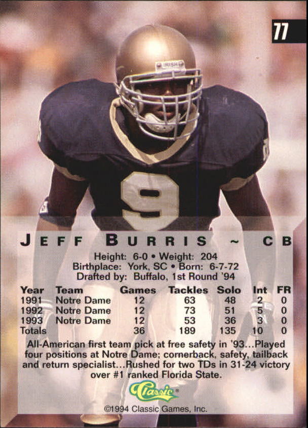 1994 Classic Four Sport #77 Jeff Burris back image