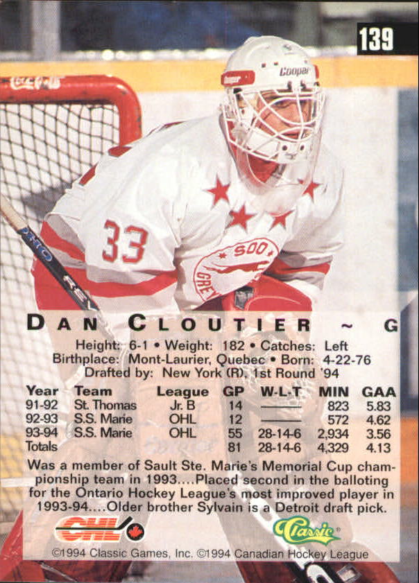 1994 Classic Four Sport #139 Dan Cloutier back image