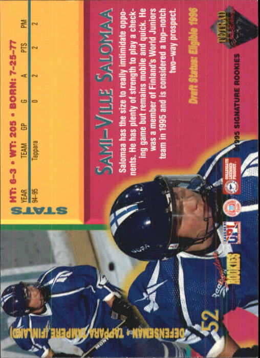 1995 Signature Rookies Tetrad Autobilia #52 Sami-Ville Salomaa back image