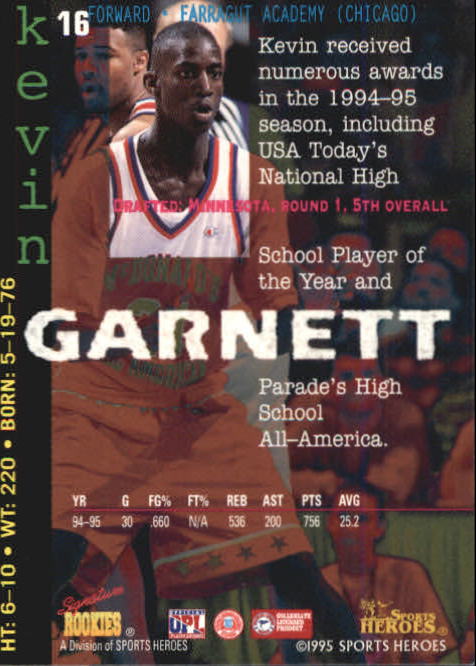 1995 Signature Rookies Fame and Fortune #16 Kevin Garnett back image