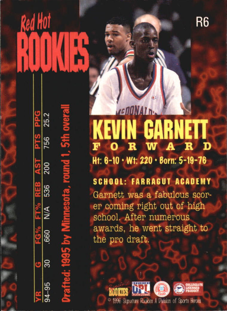 1995 Signature Rookies Fame and Fortune Red Hot Rookies #R6 Kevin Garnett back image