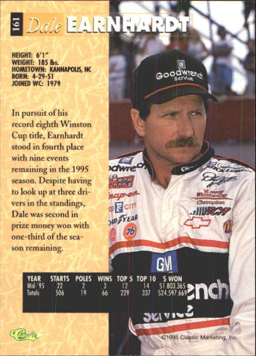 1995 Classic Five Sport #161 Dale Earnhardt back image