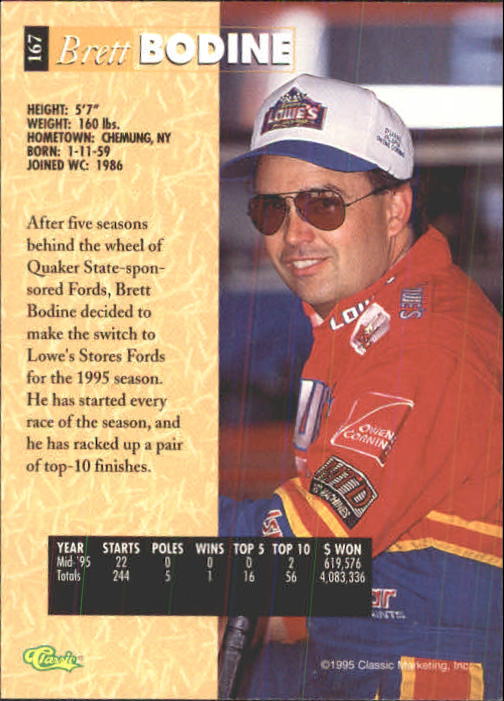 1995 Classic Five Sport #167 Brett Bodine back image