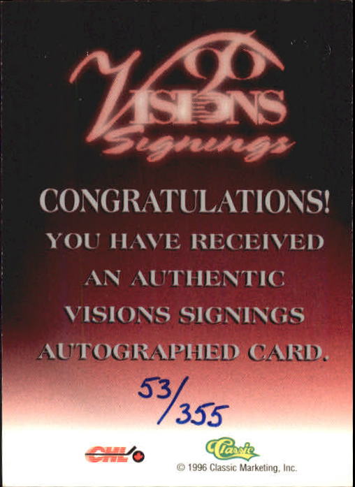1996 Visions Signings Autographs Silver #71 Jason Sweitzer/355 back image