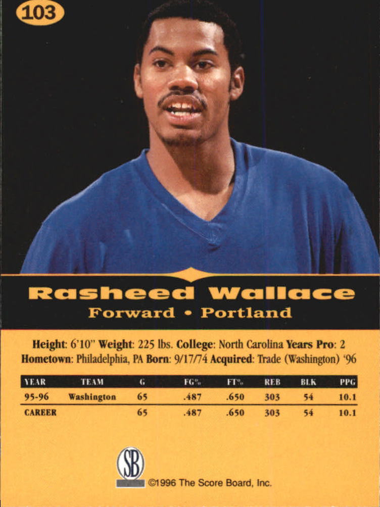 1996-97 Score Board All Sport PPF #103 Rasheed Wallace back image