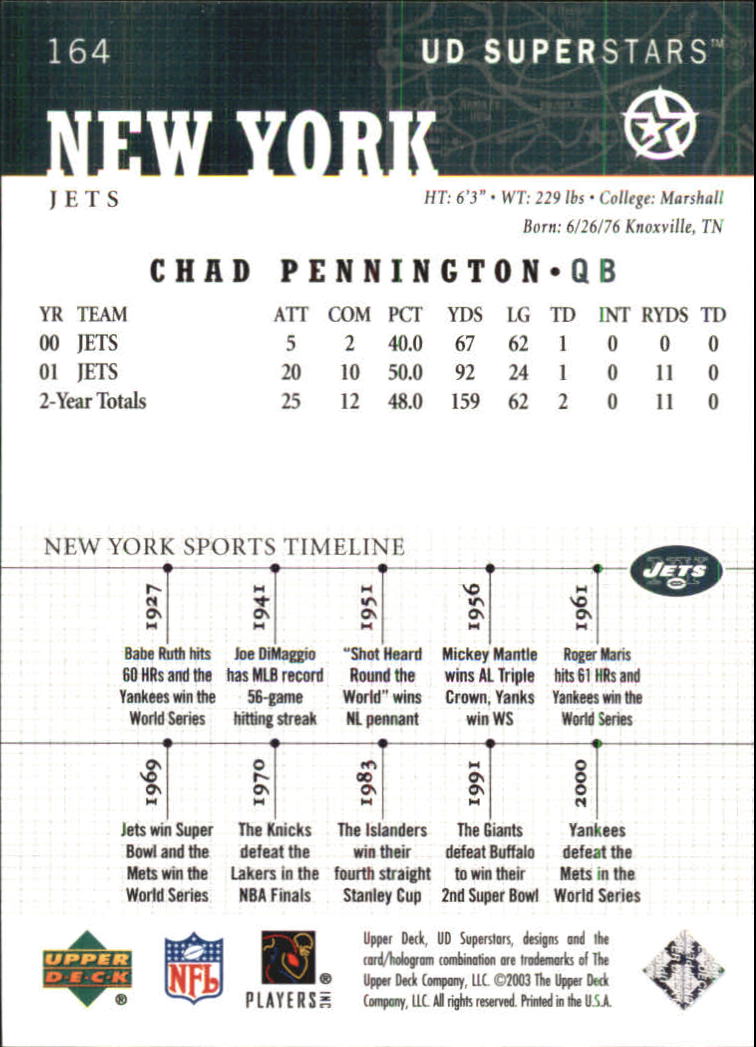2002-03 UD SuperStars #164 Chad Pennington back image