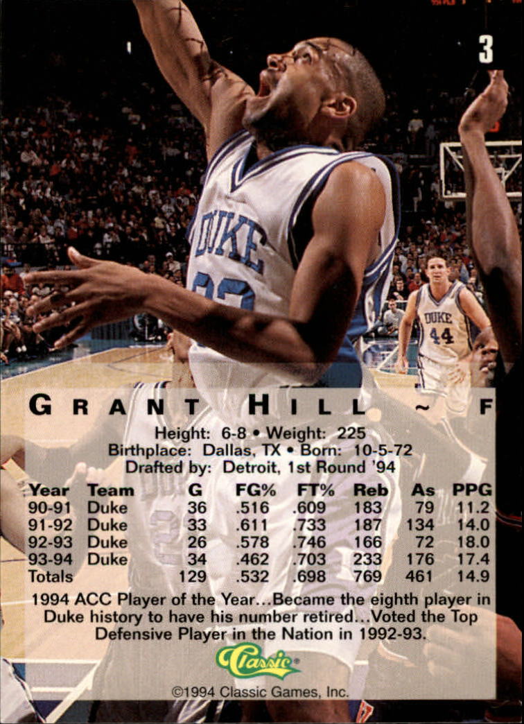 1994 Classic Four Sport Gold #3 Grant Hill back image