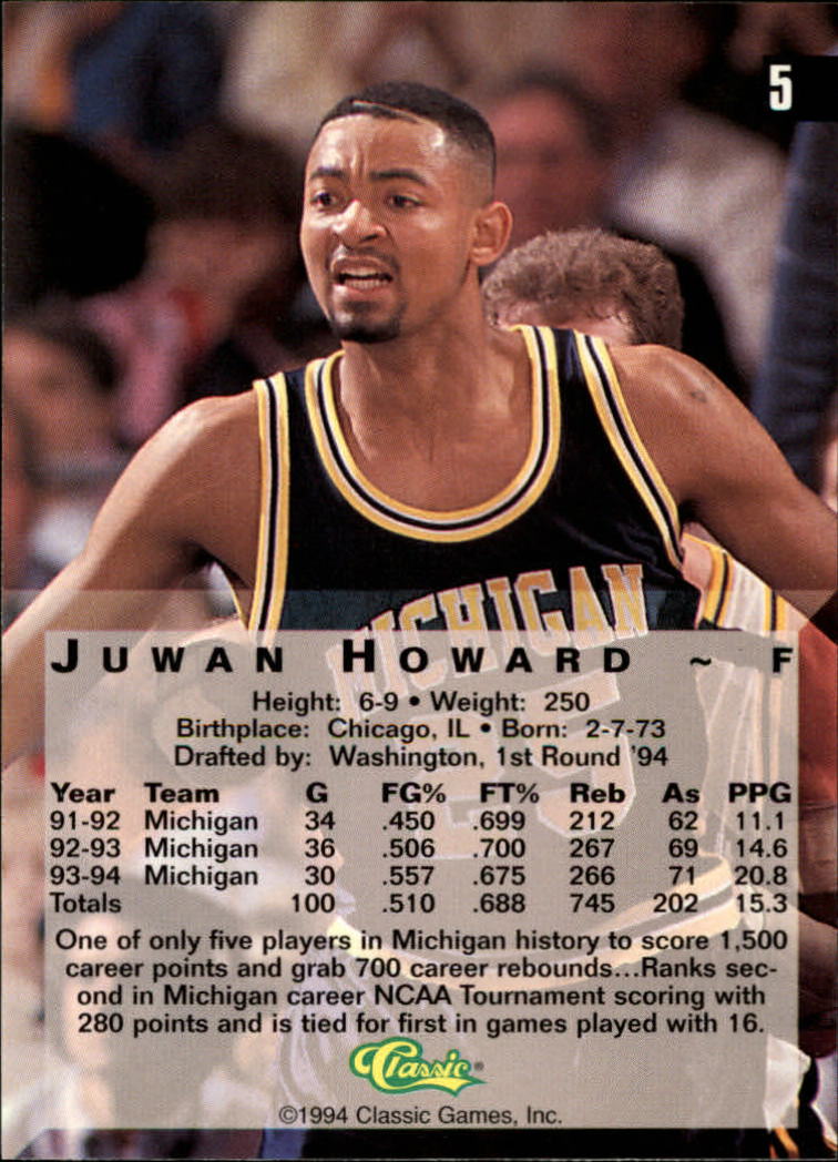 1994 Classic Four Sport Gold #5 Juwan Howard back image