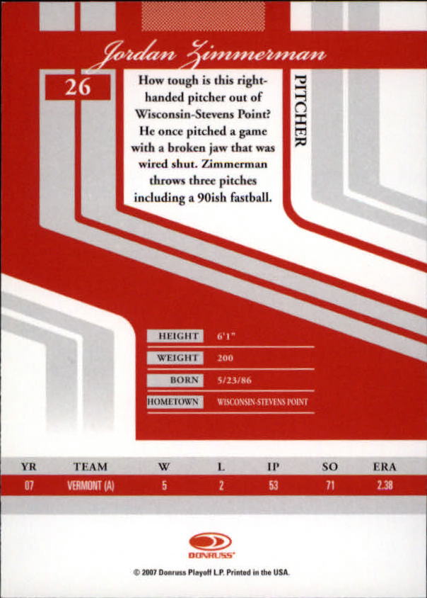 2007 Donruss Elite Extra Edition #26 Jordan Zimmerman UER/Last name misspelled back image
