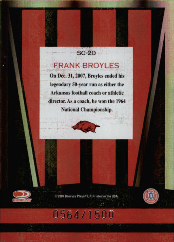 2007 Donruss Elite Extra Edition School Colors #20 Frank Broyles back image
