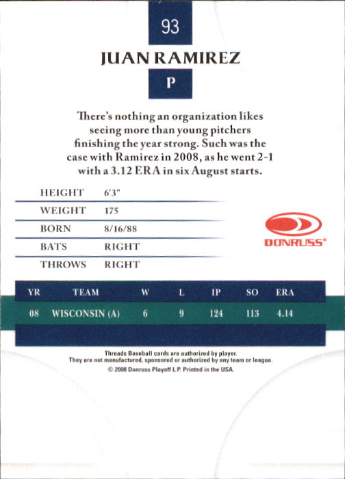 2008 Donruss Threads #93 Juan Ramirez back image