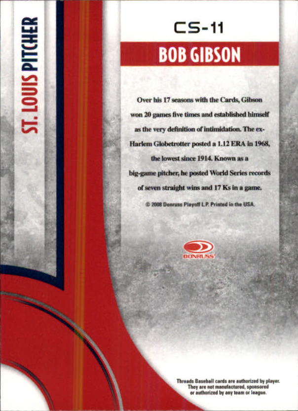 2008 Donruss Threads Century Stars #11 Bob Gibson back image