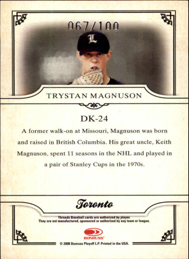 2008 Donruss Threads Diamond Kings Framed Red #24 Trystan Magnuson back image
