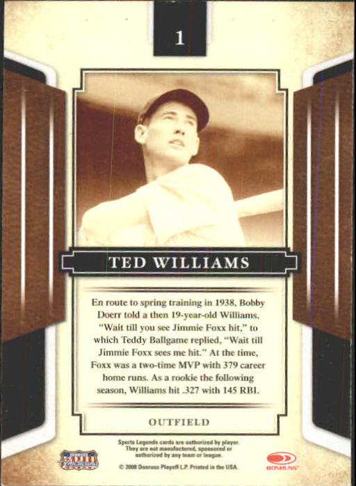 2008 Donruss Sports Legends #1 Ted Williams back image