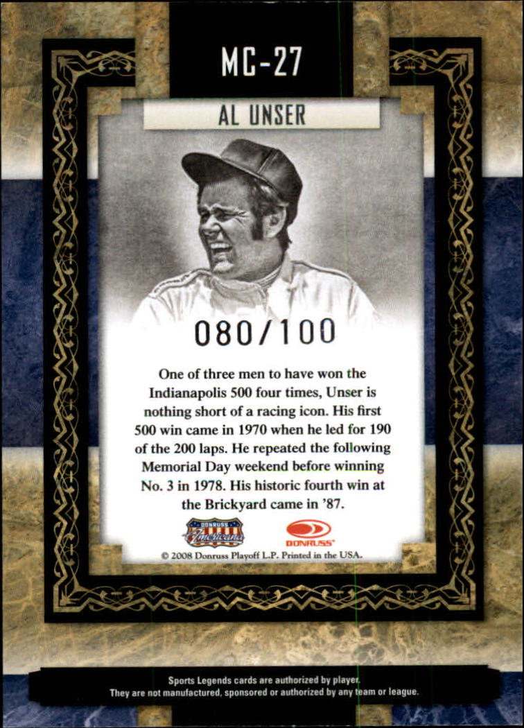 2008 Donruss Sports Legends Museum Collection Gold #27 Al Unser back image