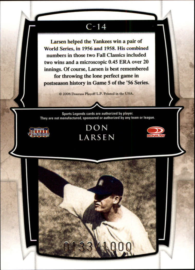 2008 Donruss Sports Legends Champions #14 Don Larsen back image