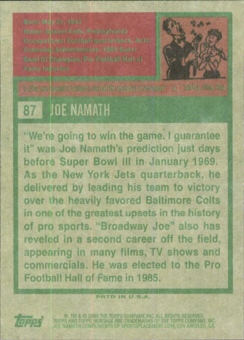 2009 Topps American Heritage #87 Joe Namath back image
