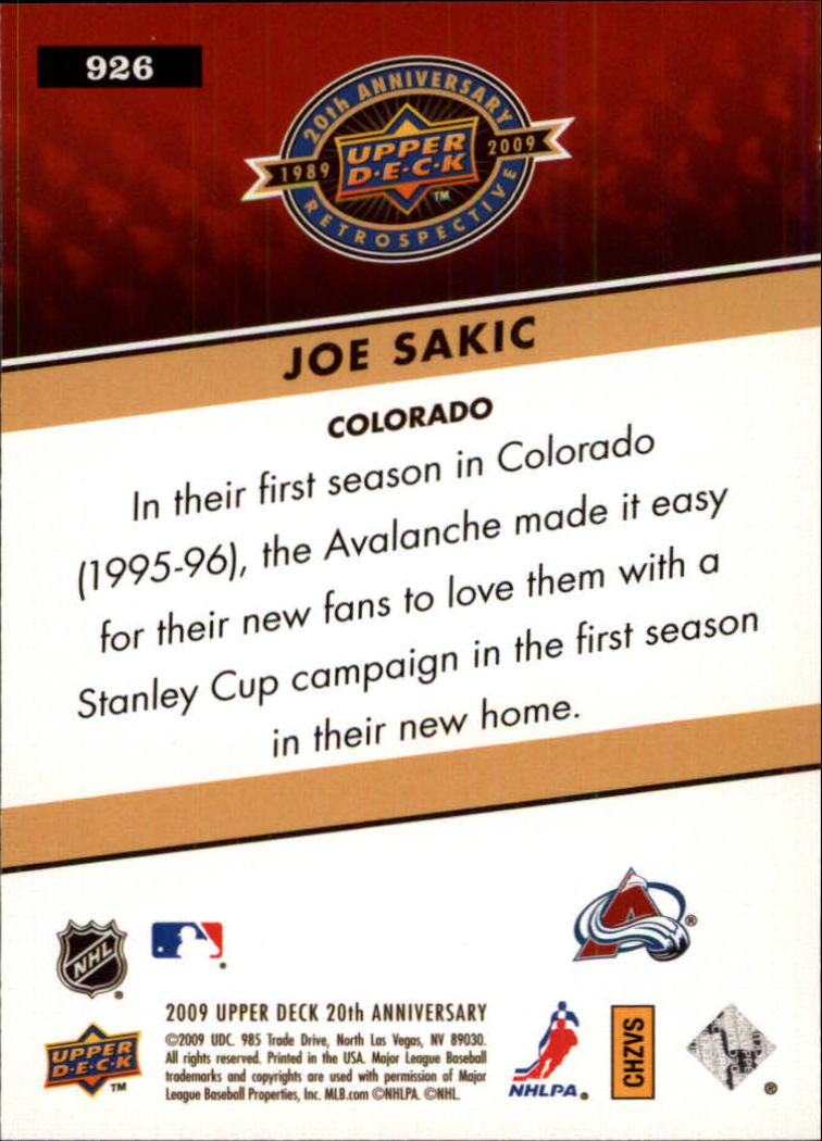 2009 Upper Deck 20th Anniversary #926 Joe Sakic back image