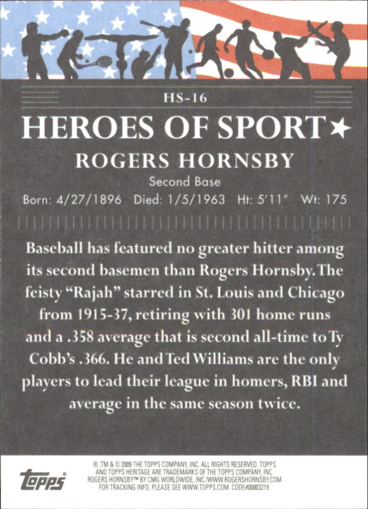 2009 Topps American Heritage Heroes Heroes of Sport #HS16 Rogers Hornsby back image