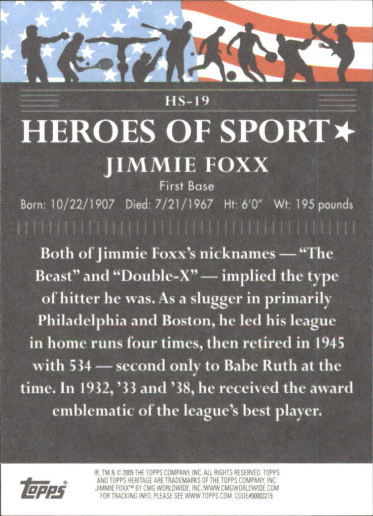 2009 Topps American Heritage Heroes Heroes of Sport #HS19 Jimmie Foxx back image
