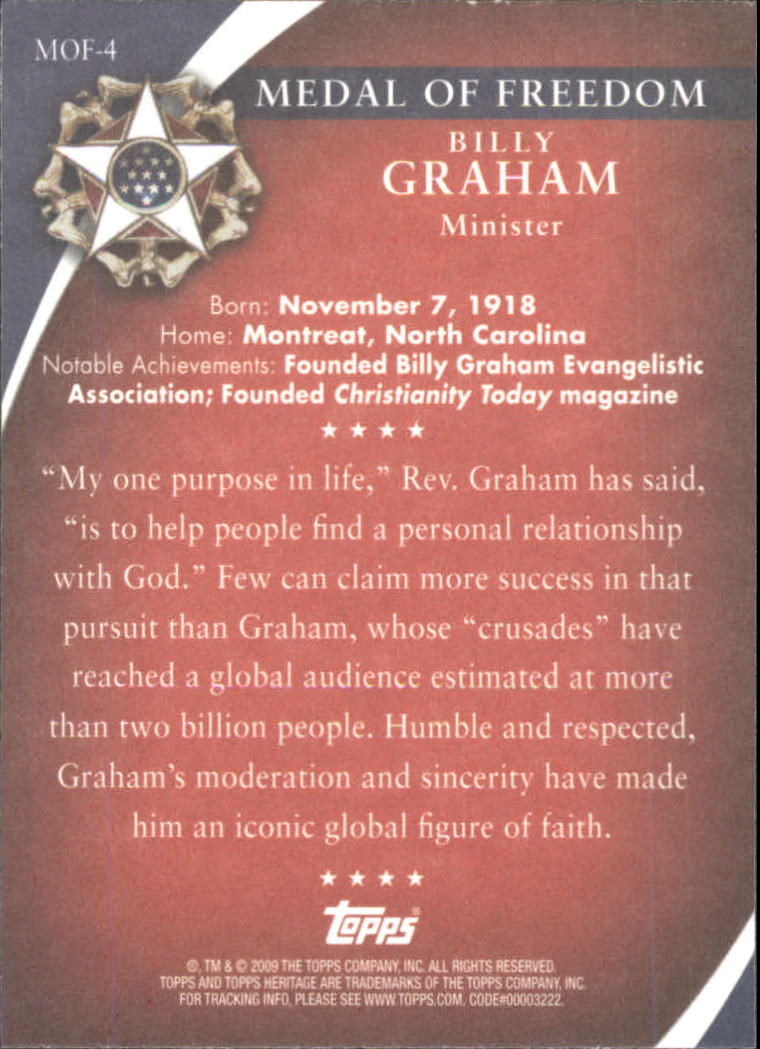 2009 Topps American Heritage Heroes Presidential Medal of Freedom #MOF4 Billy Graham back image