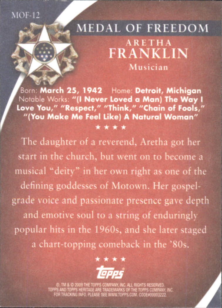 2009 Topps American Heritage Heroes Presidential Medal of Freedom #MOF12 Aretha Franklin back image