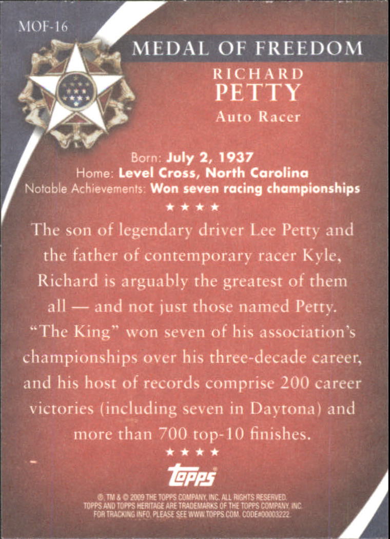 2009 Topps American Heritage Heroes Presidential Medal of Freedom #MOF16 Richard Petty back image