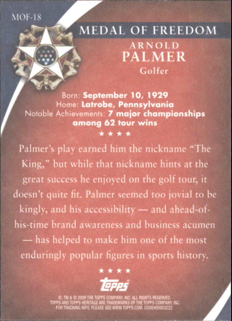 2009 Topps American Heritage Heroes Presidential Medal of Freedom #MOF18 Arnold Palmer back image