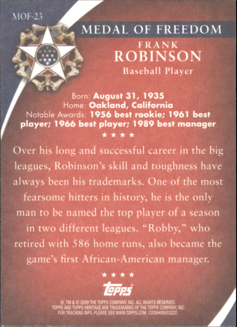 2009 Topps American Heritage Heroes Presidential Medal of Freedom #MOF23 Frank Robinson back image