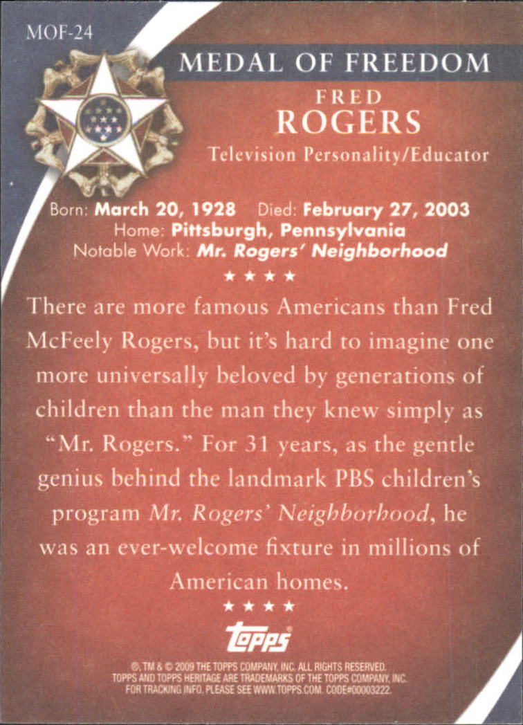 2009 Topps American Heritage Heroes Presidential Medal of Freedom #MOF24 Fred Rogers back image